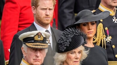 FILE - Britain's King Charles III, from bottom left, Camilla, the Queen Consort, Prince Harry and Meghan, Duchess of Sussex watch as the coffin of Queen Elizabeth II is placed into the hearse following the state funeral service in Westminster Abbey in central London Monday Sept. 19, 2022. Queen Camilla, once seen as the scourge of the House of Windsor, the woman at the heart of King Charles III’s doomed marriage to the late Princess Diana, has emerged as one of the monarchy’s most prominent emissaries. (AP Photo/Martin Meissner, Pool, File) (AP) FILE - Britain's King Charles III, from bottom left, Camilla, the Queen Consort, Prince Harry and Meghan, Duchess of Sussex watch as the coffin of Queen Elizabeth II is placed into the hearse following the state funeral service in Westminster Abbey in central London Monday Sept. 19, 2022. Queen Camilla, once seen as the scourge of the House of Windsor, the woman at the heart of King Charles III’s doomed marriage to the late Princess Diana, has emerged as one of the monarchy’s most prominent emissaries. (AP Photo/Martin Meissner, Pool, File) (AP)