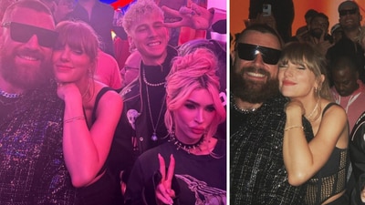 Megan Fox shares a different version of the picture of herself posing alongside Taylor Swift, Travis Kelce, and Machine Gun Kelly at the Kansas City Chiefs after party (Megan Fox/ Instagram, Popbase/X, formerly Twitter) Megan Fox shares a different version of the picture of herself posing alongside Taylor Swift, Travis Kelce, and Machine Gun Kelly at the Kansas City Chiefs after party (Megan Fox/ Instagram, Popbase/X, formerly Twitter)