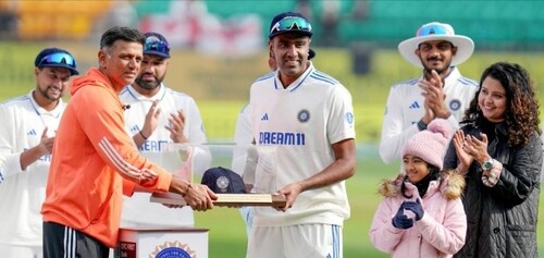 Rahul Dravid presents a special memento to R Ashwin on his 100th Test Rahul Dravid presents a special memento to R Ashwin on his 100th Test