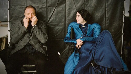 Yorgos Lanthimos with Emma Stone during Poor Things shoot. Yorgos Lanthimos with Emma Stone during Poor Things shoot.
