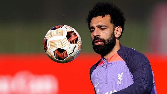 Liverpool's Mohamed Salah attends a training session. (AP)