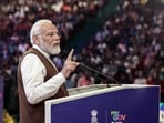 Prime Minister Narendra Modi addresses the crowd during the first-ever National Creators Award at Bharat Mandapam in New Delhi on Friday. 