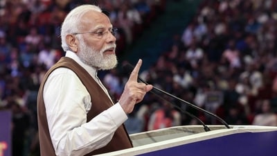 Prime Minister Narendra Modi addresses the crowd during the first-ever National Creators Award at Bharat Mandapam in New Delhi on Friday. (ANI) Prime Minister Narendra Modi addresses the crowd during the first-ever National Creators Award at Bharat Mandapam in New Delhi on Friday. (ANI)