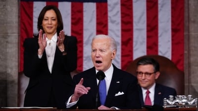 US President Joe Biden, during a State of the Union address at the US Capitol in Washington, DC, US, on Thursday, March 7, 2024. Election-year politics will increase the focus on Biden's remarks and lawmakers' reactions, as he's stumping to the nation just months before voters will decide control of the House, Senate, and White House. Photographer: Shawn Thew/EPA/Bloomberg (Bloomberg) US President Joe Biden, during a State of the Union address at the US Capitol in Washington, DC, US, on Thursday, March 7, 2024. Election-year politics will increase the focus on Biden's remarks and lawmakers' reactions, as he's stumping to the nation just months before voters will decide control of the House, Senate, and White House. Photographer: Shawn Thew/EPA/Bloomberg (Bloomberg)