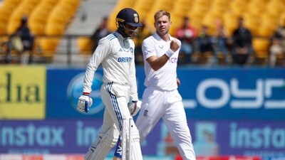 James Anderson reacts after castling Shubman Gill for 110. (REUTERS)