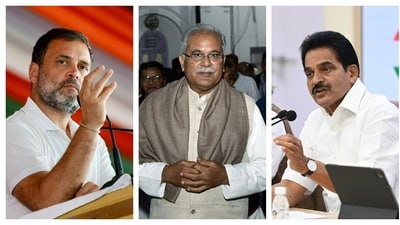 (Left to right) Congress leaders Rahul Gandhi, Bhupesh Baghel and KC Venugopal. (PTI) (Left to right) Congress leaders Rahul Gandhi, Bhupesh Baghel and KC Venugopal. (PTI)