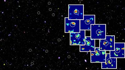 Image of the ten LyC leaking galaxies discovered, with the Astrosat Ultraviolet Deep Field in the background. (SOURCED) Image of the ten LyC leaking galaxies discovered, with the Astrosat Ultraviolet Deep Field in the background. (SOURCED)