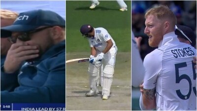 Brendon McCullum (L) is shocked at Ben Stokes' wicket-taking delivery of Rohit Sharma (X) Brendon McCullum (L) is shocked at Ben Stokes' wicket-taking delivery of Rohit Sharma (X)