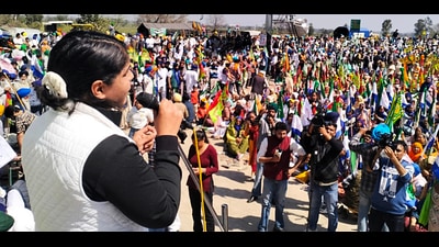 Olympic bronze medalist wrestler Sakshi Malik addresses the women farmers on the occasion of International Women's Day amid the farmers' Delhi Chalo protest march, at the Punjab-Haryana Shambhu border, in Patiala on Friday. (ANI)