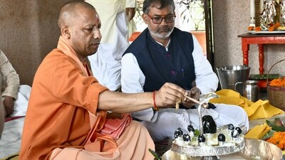 Uttar Pradesh Chief Minister Yogi Adityanath performs 'rudrabhishek' on Maha Shivratri festival at Gorakhpur Temple in Gorakhpur. (PTI)