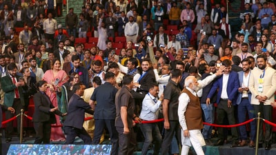 PM Narendra Modi waves at gathering during the National Creators Awards 2024 at Bharat Mandapam in New Delhi. (PTI)