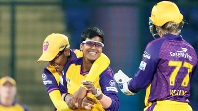 UP Warriorz bowler Deepti Sharma celebrates with teammates the wicket of Mumbai Indians' batter Arundhati Reddy during the Women's Premier League (WPL) 2024 cricket match between Delhi Capitals and UP Warriorz (PTI) UP Warriorz bowler Deepti Sharma celebrates with teammates the wicket of Mumbai Indians' batter Arundhati Reddy during the Women's Premier League (WPL) 2024 cricket match between Delhi Capitals and UP Warriorz (PTI)