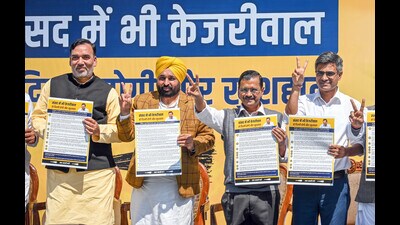 Punjab chief minister Bhagwant Mann and AAP national convener Arvind Kejriwal launch the election campaign for the LS polls in New Delhi on Friday. MP Sandeep Pathak (R) and Delhi environment minister Gopal Rai are also seen. (Raj K Raj/HT) Punjab chief minister Bhagwant Mann and AAP national convener Arvind Kejriwal launch the election campaign for the LS polls in New Delhi on Friday. MP Sandeep Pathak (R) and Delhi environment minister Gopal Rai are also seen. (Raj K Raj/HT)