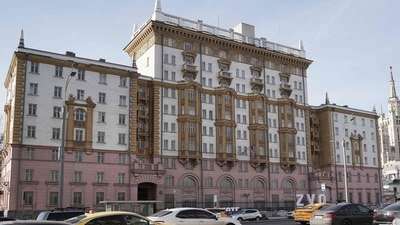 Cars ride past the US embassy building in Moscow, on March 7, 2024. Russia summoned the US ambassador on March 7, 2024 to protest against what it said was Washington's interference in domestic affairs and the funding of "anti-Russian" NGOs. (AFP) Cars ride past the US embassy building in Moscow, on March 7, 2024. Russia summoned the US ambassador on March 7, 2024 to protest against what it said was Washington's interference in domestic affairs and the funding of "anti-Russian" NGOs. (AFP)