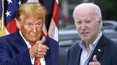 Trump's Truth Social buffers while mocking Biden on live commentary. (Photo by TANNEN MAURY and Brendan Smialowski / AFP) (AFP) Trump's Truth Social buffers while mocking Biden on live commentary. (Photo by TANNEN MAURY and Brendan Smialowski / AFP) (AFP)
