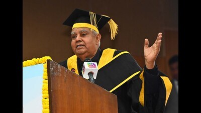 Vice-President of India Jagdeep Dhankhar during 71st annual convocation of Panjab University in Chandigarh on Thursday. (Keshav Singh/HT)
