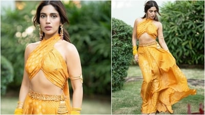 Bhumi's mustard yellow ensemble is from the shelves of designer Punit Balana's eponymous label. It is the perfect mix of contemporary and ethnic sartorial elements for the modern Indian woman. You can steal Bhumi's styling tips if you are a bridesmaid. However, if you are a bride who wants to wear the look for her Haldi, you can dress up the outfit with floral jewellery, bold red lips, and a messy top knot.&nbsp; (Instagram)