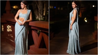 Bhumi wore the saree with a matching halter-neck blouse featuring shoulder straps, sequin and mirror embellishments, a fitted bust, a sweetheart neckline, a cropped hem, and a backless design. A centre-parted sleek braided hairdo decorated with mirror-adorned tassels beautified the ethnic look.&nbsp; (Instagram)