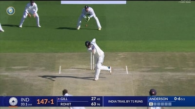 Shubman Gill charges down he track to hit Anderson for a six Shubman Gill charges down he track to hit Anderson for a six