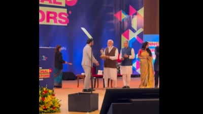 PM Modi and Aman Gupta at the National Creators Award at Bharat Mandapam, Delhi. (Instagram/@Aman Gupta) PM Modi and Aman Gupta at the National Creators Award at Bharat Mandapam, Delhi. (Instagram/@Aman Gupta)