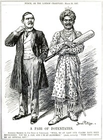 The Jam Sahib of Nawanagar, Ranjitsinhji returned to play cricket in England in 1908. Here he is depicted in a punch cartoon in Punch Magazine March 20, 1907 (Bernard Partridge/Punch Magazine March 20, 1907/ Wikimedia Commons ) The Jam Sahib of Nawanagar, Ranjitsinhji returned to play cricket in England in 1908. Here he is depicted in a punch cartoon in Punch Magazine March 20, 1907 (Bernard Partridge/Punch Magazine March 20, 1907/ Wikimedia Commons )
