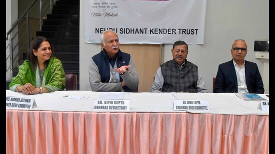 Members of Nehru Sidhant Kender Trust addressing media in Ludhiana on Friday. (Manish/HT Photo)