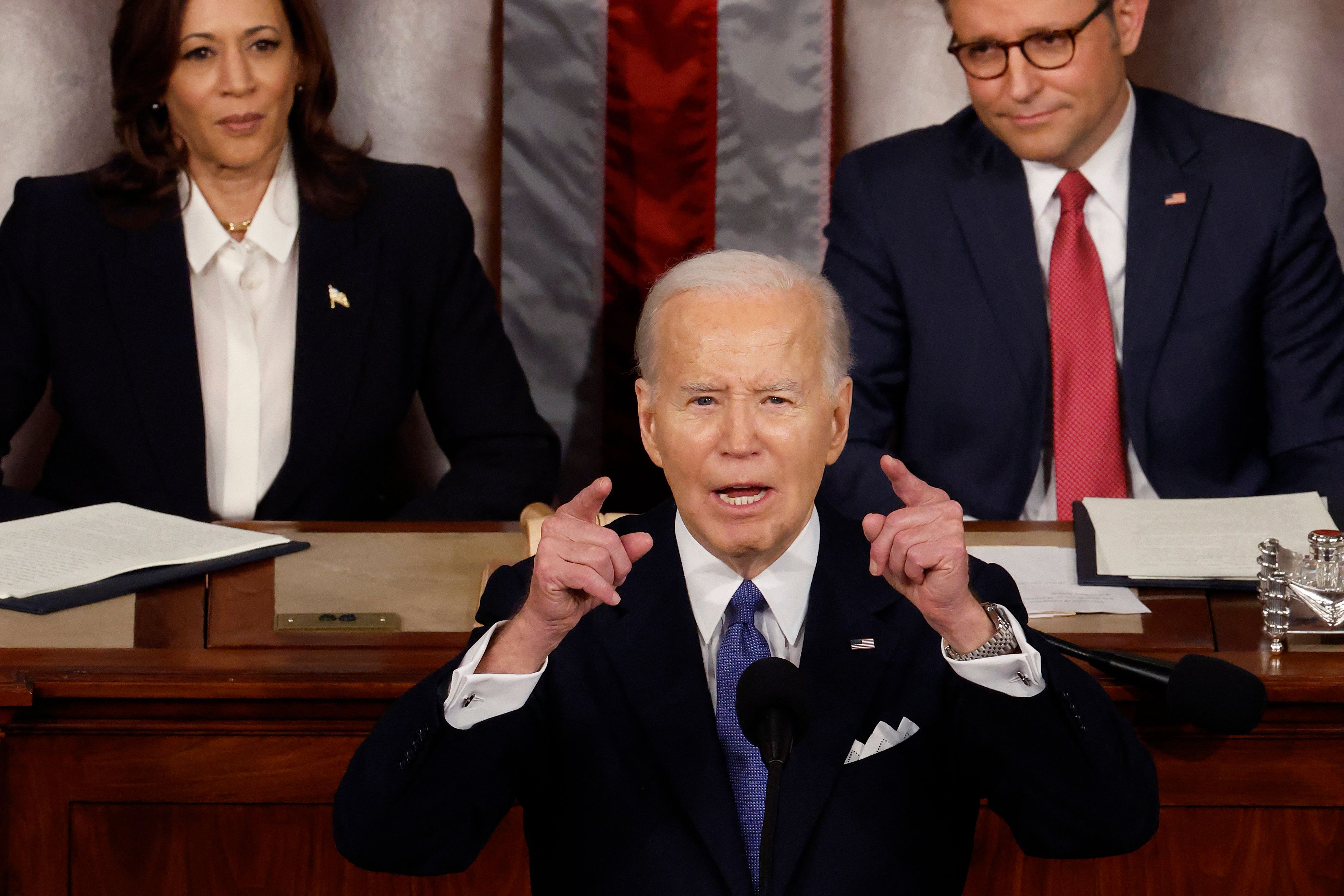 WASHINGTON, DC - MARCH 07: U.S. President Joe Biden delivers the State of the Union address during a joint meeting of Congress in the House chamber at the U.S. Capitol on March 07, 2024 in Washington, DC. This is Biden�s last State of the Union address before the general election this coming November. Biden was joined by Vice President Kamala Harris and Speaker of the House Mike Johnson (R-LA). Chip Somodevilla/Getty Images/AFP (Photo by CHIP SOMODEVILLA / GETTY IMAGES NORTH AMERICA / Getty Images via AFP) (Getty Images via AFP) WASHINGTON, DC - MARCH 07: U.S. President Joe Biden delivers the State of the Union address during a joint meeting of Congress in the House chamber at the U.S. Capitol on March 07, 2024 in Washington, DC. This is Biden�s last State of the Union address before the general election this coming November. Biden was joined by Vice President Kamala Harris and Speaker of the House Mike Johnson (R-LA). Chip Somodevilla/Getty Images/AFP (Photo by CHIP SOMODEVILLA / GETTY IMAGES NORTH AMERICA / Getty Images via AFP) (Getty Images via AFP)