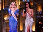 India’s Sini Shetty and Australia's Kristen Wright during the finale of 71st edition of the Miss World 2024 at the Jio World Convention Centre in Mumbai.(ANI)