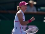 Iga Swiatek, of Poland, reacts during a match. Iga Swiatek, of Poland, reacts during a match.