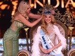 Miss World 2024 winner Krystyna Pyszková getting crowned by Miss World 2022 Karolina Bielawska. 