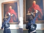 March 8: Anti-Israel protestor vandalises Lord Balfour's Cambridge painting to symbolise the bloodshed of the Palestinian people.