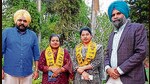 From left: Punjab CM’s OSD Rajveer Singh Ghuman, councillors Poonam Sandeep Kumar, Neha Musavat and AAP’s Chandigarh co-incharge SS Ahluwalia in Chandigarh on Saturday. (HT Photo)