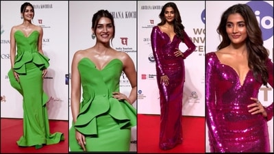 Kriti Sanon stuns in green off-shoulder ensemble and Pooja Hegde dazzles in bring pink shimmer gown at the 71st Miss World finale. (VarinderChawla/HT photo) Kriti Sanon stuns in green off-shoulder ensemble and Pooja Hegde dazzles in bring pink shimmer gown at the 71st Miss World finale. (VarinderChawla/HT photo)
