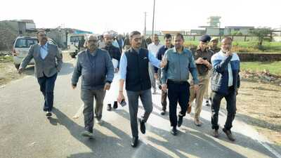 Aligarh DM Visakh G reviewing arrangements for virtual inauguration of Aligarh airport. (HT)