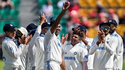 India's Ravichandran Ashwin (C) celebrates after taking five-wicket haul during the third day of the fifth and last Test vs England in Dharamsala (AFP) India's Ravichandran Ashwin (C) celebrates after taking five-wicket haul during the third day of the fifth and last Test vs England in Dharamsala (AFP)