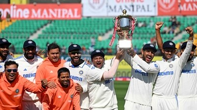 India's players pose with the trophy after winning the fifth and last Test cricket match between India and England at the Himachal Pradesh Cricket Association Stadium in Dharamsala on March 9, 2024 (AFP) India's players pose with the trophy after winning the fifth and last Test cricket match between India and England at the Himachal Pradesh Cricket Association Stadium in Dharamsala on March 9, 2024 (AFP)
