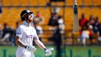 England's Ben Stokes reacts after losing his wicket, bowled out by India's Ravichandran Ashwin in 5th Test (REUTERS)