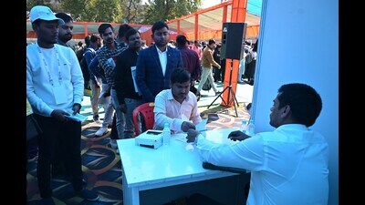Candidates at Day 1 of the Kaushal Mahotsav held at the Lucknow University grounds, in Lucknow, on Saturday (Mushtaq Ali/HT) Candidates at Day 1 of the Kaushal Mahotsav held at the Lucknow University grounds, in Lucknow, on Saturday (Mushtaq Ali/HT)