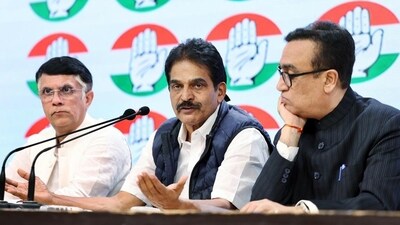 Congress leaders KC Venugopal, Pawan Khera and Ajay Maken in New Delhi on Friday (ANI)