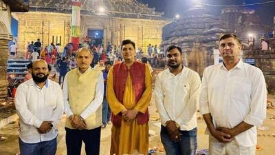 Delhi minister Saurabh Bharadwaj with the AAP’s Odisha in charge Virender Singh Kadian and the party’s state chief Nishikanta Mohapatra in fron of the Shri Lingaraja Temple in Bhubaneswar in Odisha on Saturday. (Image posted on X by Saurabh Bharadwaj) Delhi minister Saurabh Bharadwaj with the AAP’s Odisha in charge Virender Singh Kadian and the party’s state chief Nishikanta Mohapatra in fron of the Shri Lingaraja Temple in Bhubaneswar in Odisha on Saturday. (Image posted on X by Saurabh Bharadwaj)