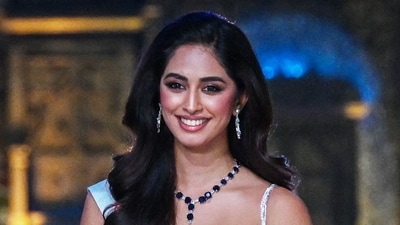 Sini Shetty, representing India at the Miss World pageant, smiles as she walks the ramp at the 71st Miss World pageant. (AFP) Sini Shetty, representing India at the Miss World pageant, smiles as she walks the ramp at the 71st Miss World pageant. (AFP)