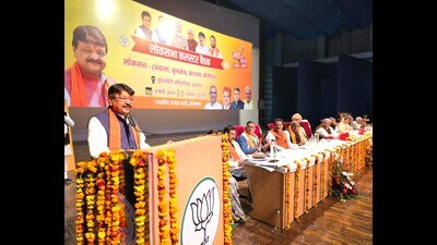 Kailash Vijayvargiya during a Lok Sabha cluster meeting of Ambala, Karnal, Panipat and Sonepat seats at Kurukshetra University. (HT Photo)