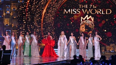 Contestants take part in the grand finale of the 71st Miss World pageant at the Jio World Convention Centre in Mumbai. 