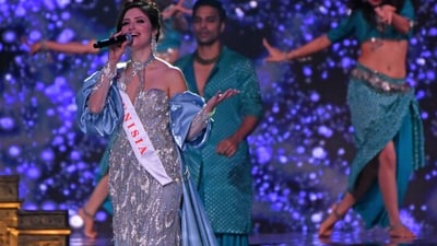 A contestant showcases her talent at the 71st Miss World pageant held at the Jio World Convention Centre in Mumbai. 
