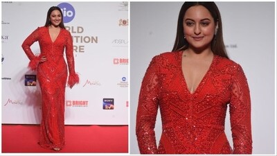 Sonakshi Sinha painted the town red in a a long embellished red gown. Sonakshi Sinha painted the town red in a a long embellished red gown.