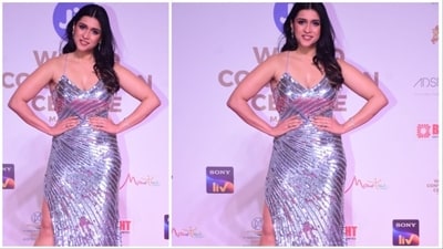Mannara Chopra made jaws drop in a strappy metallic slit gown at the Miss World red carpet. Mannara Chopra made jaws drop in a strappy metallic slit gown at the Miss World red carpet.