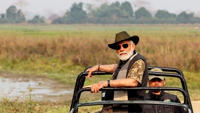 PM Narendra Modi embarked on a visit to Kaziranga National Park, a UNESCO World Heritage site nestled in the heart of Assam.&nbsp;&nbsp; (PTI)