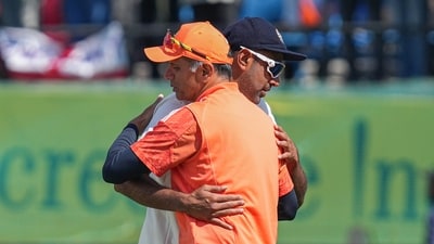 India's coach Rahul Dravid with R Ashwin after the team won the fifth Test cricket match over England (PTI) India's coach Rahul Dravid with R Ashwin after the team won the fifth Test cricket match over England (PTI)