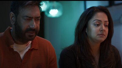 Ajay Devgn and Jyotika in a still from Shaitaan. Ajay Devgn and Jyotika in a still from Shaitaan.