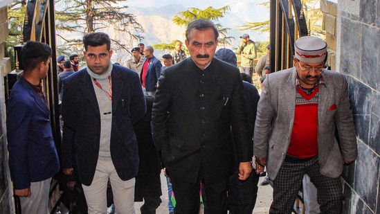 Himachal Pradesh Chief Minister Sukhwinder Singh Sukhu arrives to attend the Budget session of Assembly, in Shimla on Feb. 19.(PTI)